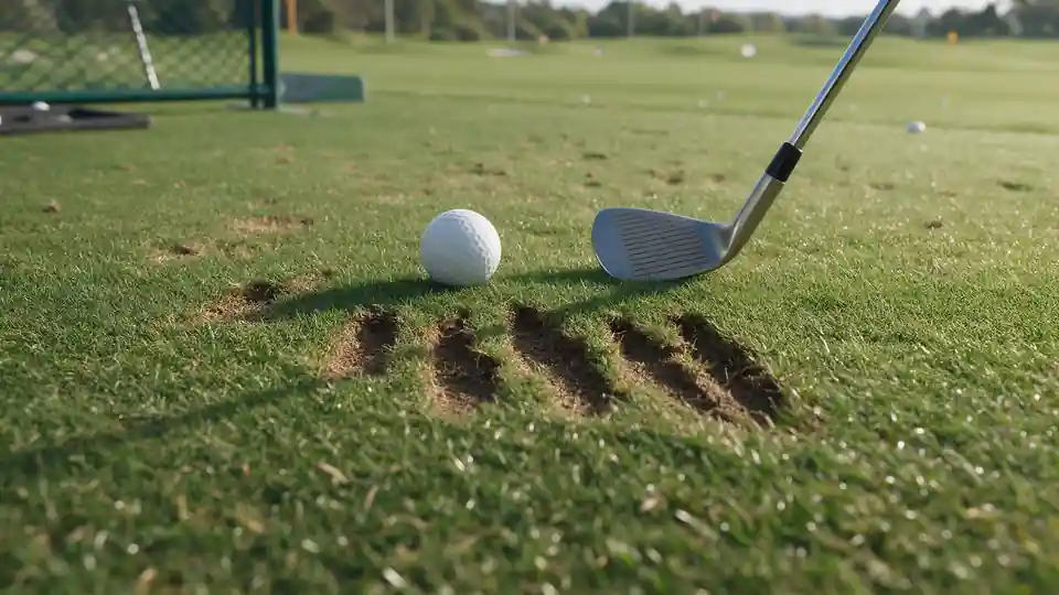 Divots on the turf just ahead of a golf ball and an iron