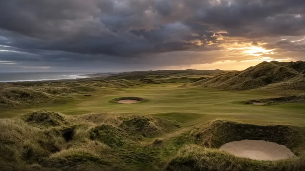 An empty green under evening light