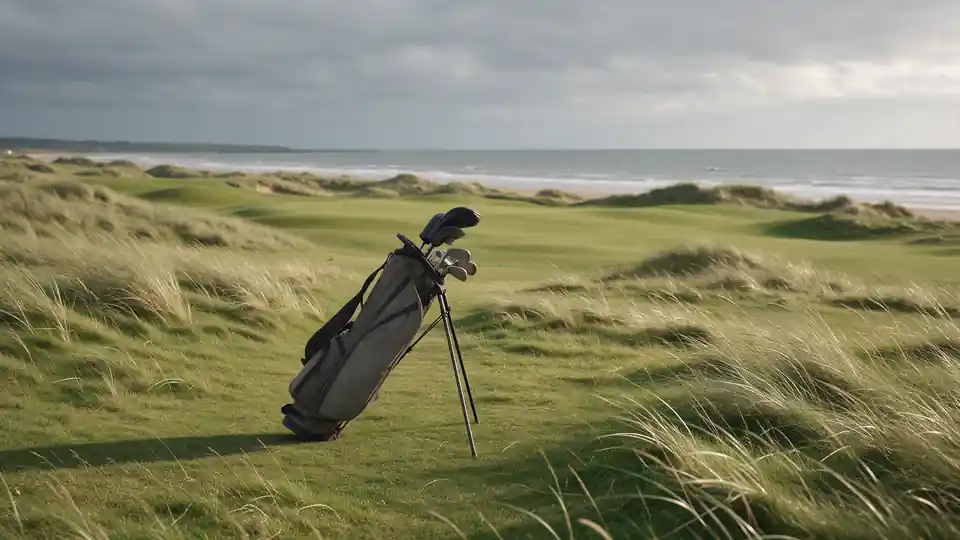 A golf bag on its stand on a seaside links course