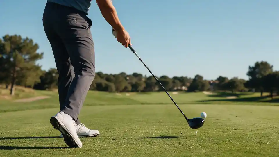 A golfer's hips and legs turning through impact with a driver
