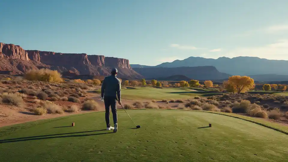 A golfer on a tee below red rock cliffs and mountains