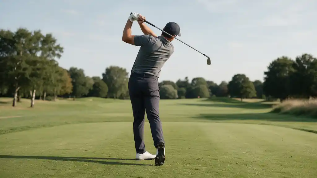 A golfer seen from behind finishing a swing with an iron on a fairway