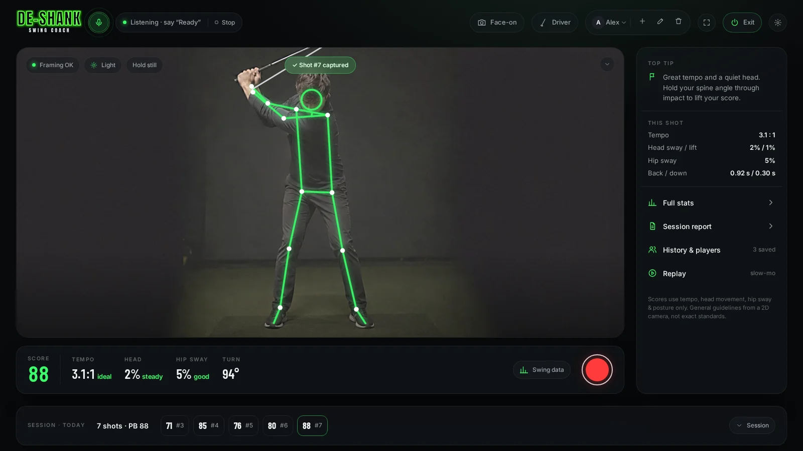 DESHANK desktop view with swing score ring, tempo, head and hip sway metrics, tips and session strip