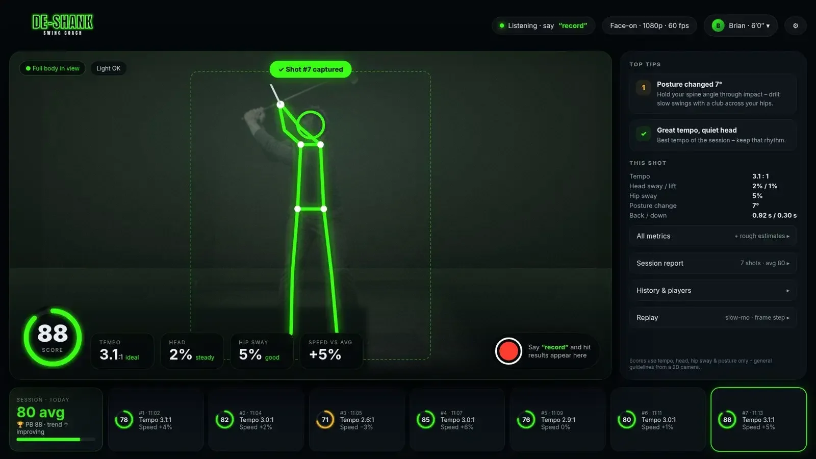 DESHANK desktop view with swing score ring, tempo, head and hip sway metrics, tips and session strip