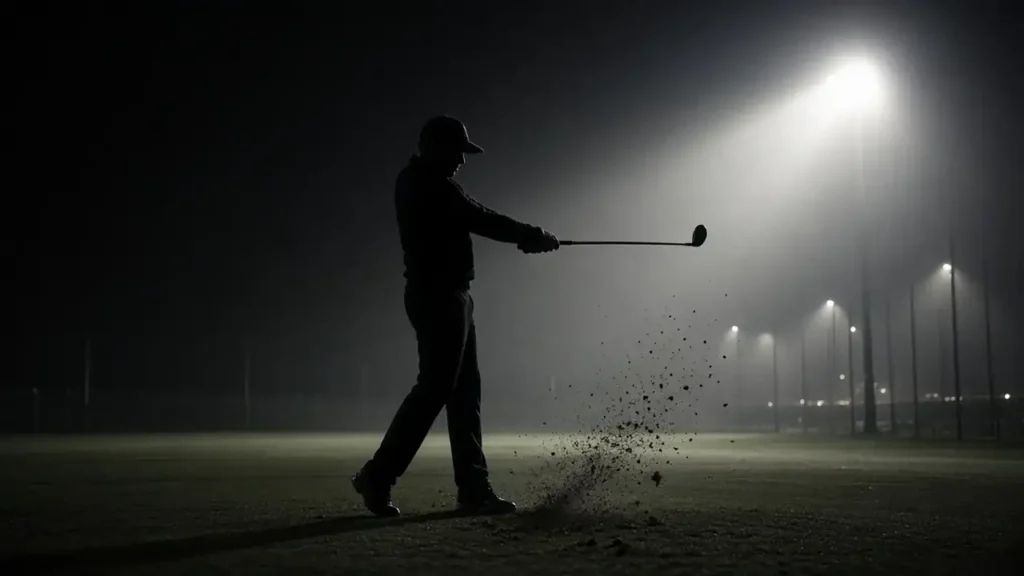 A golfer on the range at dusk