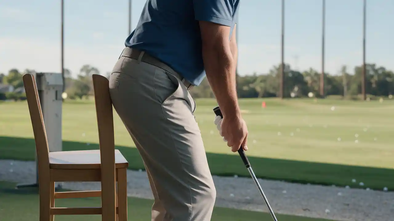A golfer at address on the range next to a chair used for a posture drill