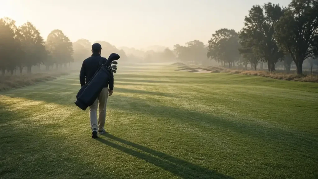 A golfer practising alone at dusk