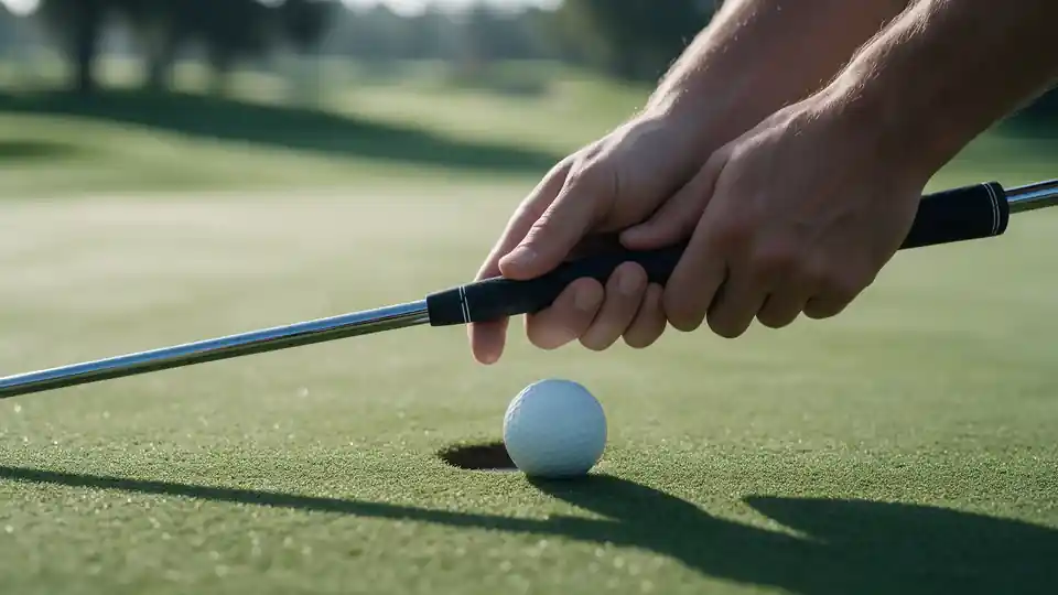 A golfer's hands on the club beside a ball on the turf