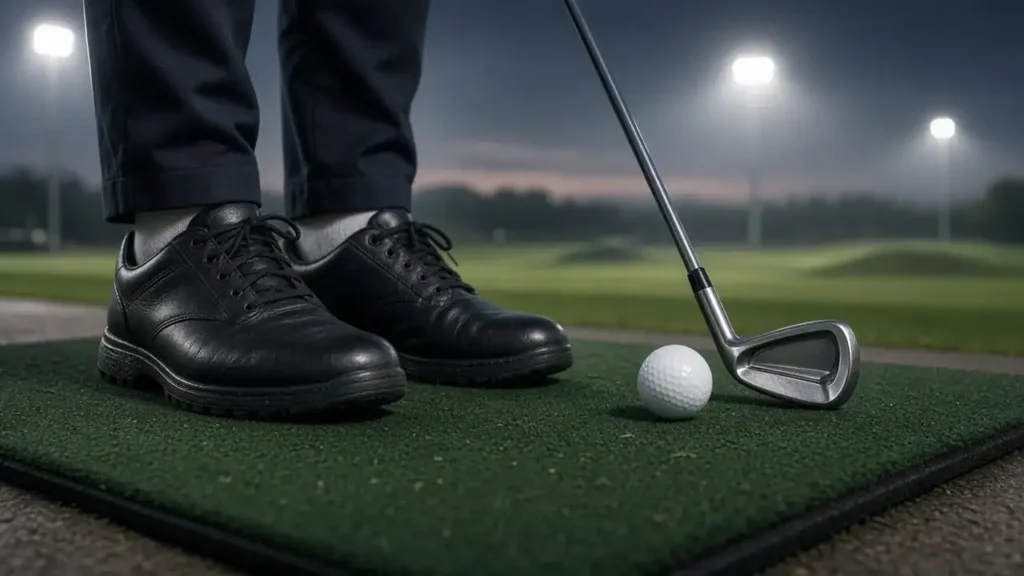 A club and ball on the range under floodlights