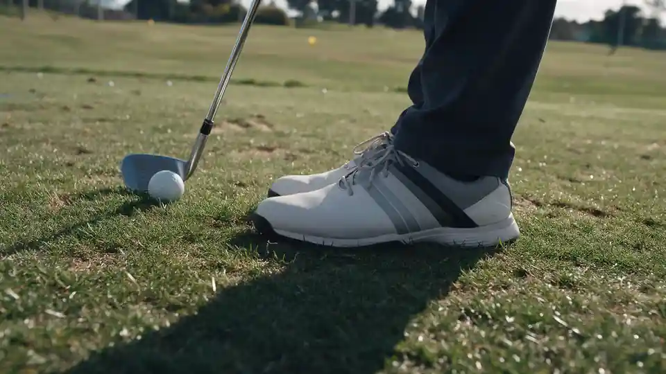 A golfer's feet at address beside an iron and ball