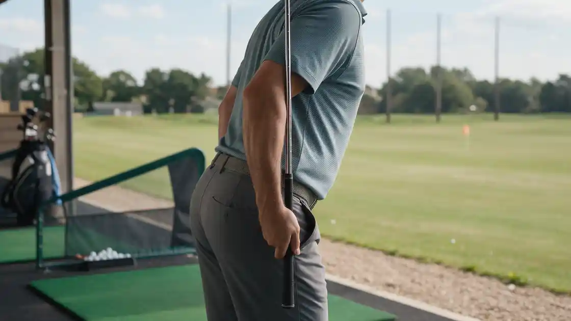 A golfer checking posture with a club held against the body