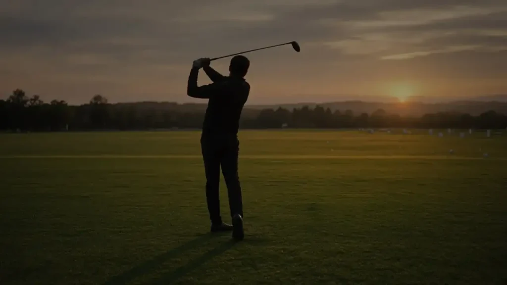 A golfer on the range at dusk