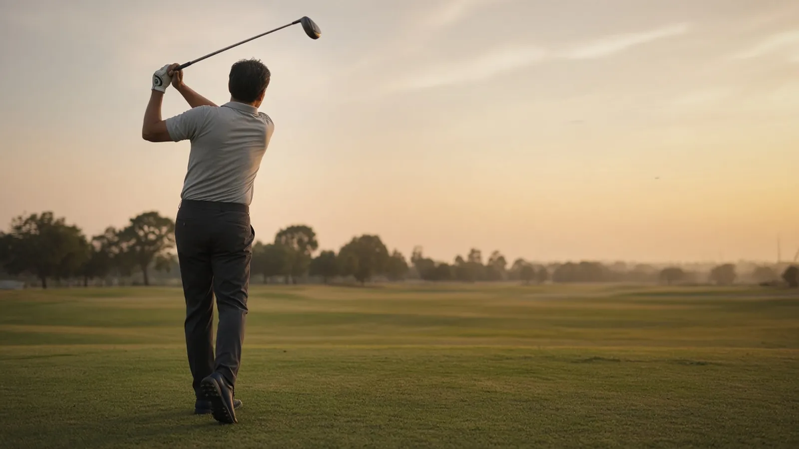 A golfer holding a balanced finish on the range at sunset