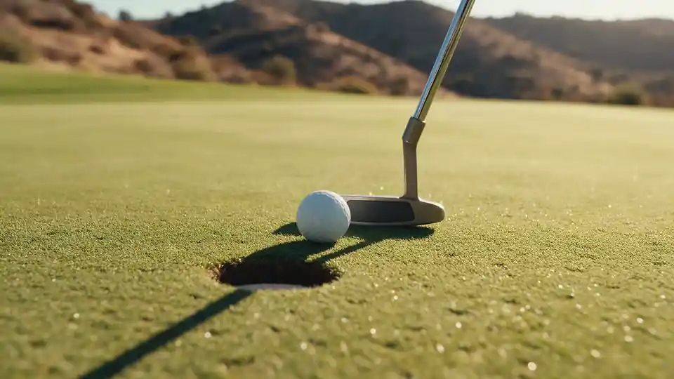 A golf ball and putter beside the hole on a sunlit green
