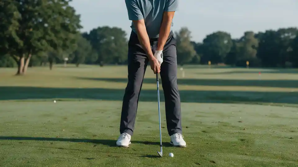 A golfer at address with an iron, seen from the chest down
