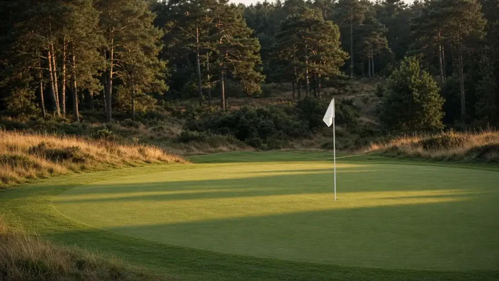An empty green under evening light
