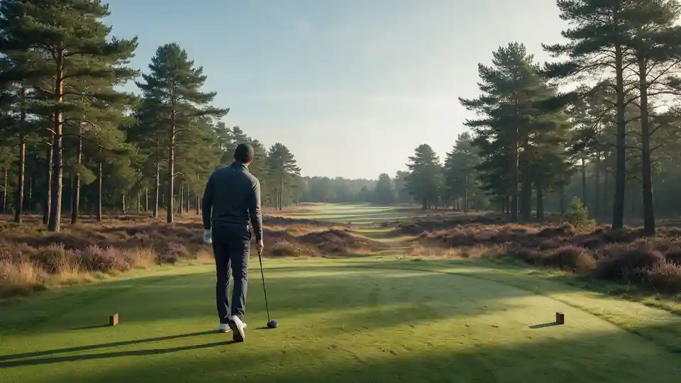 A golfer seen from behind walking down a fairway lined with pine trees and heather