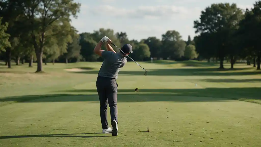 A golfer seen from behind holding the finish on a parkland fairway