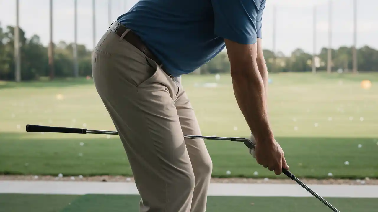 A golfer in address posture on the range, holding an iron