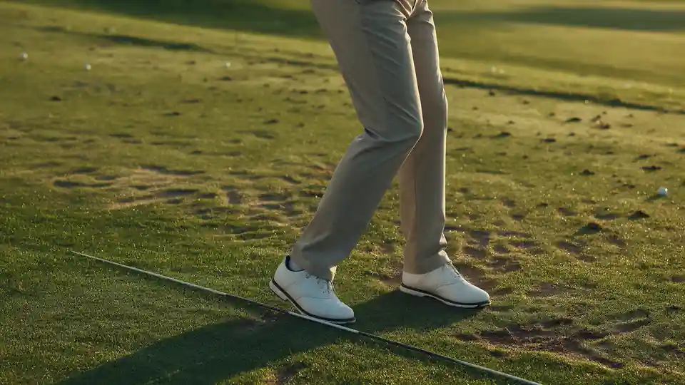 A golfer's legs and feet beside an alignment stick on the range