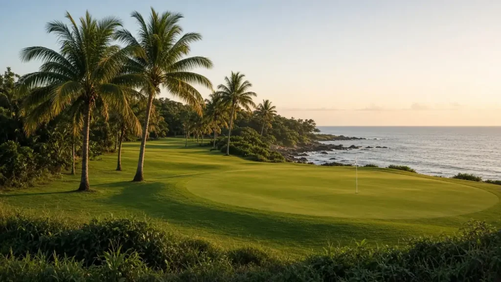 A golfer on a fairway at dusk