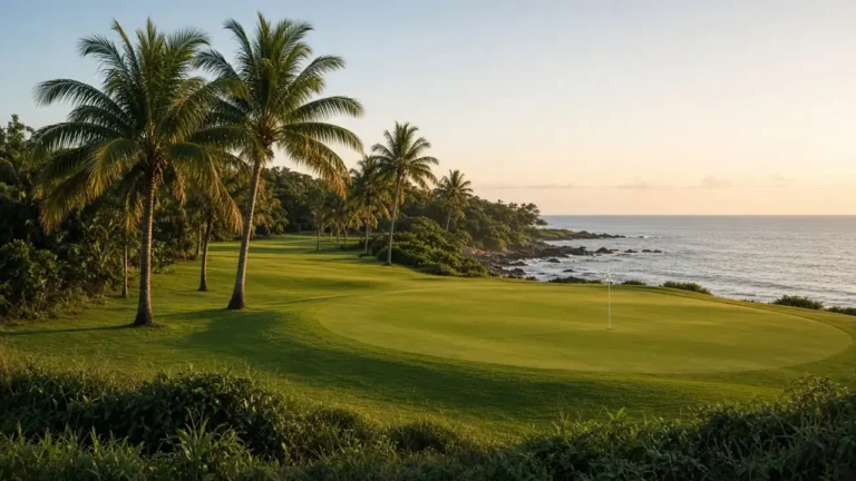 A golfer on a fairway at dusk