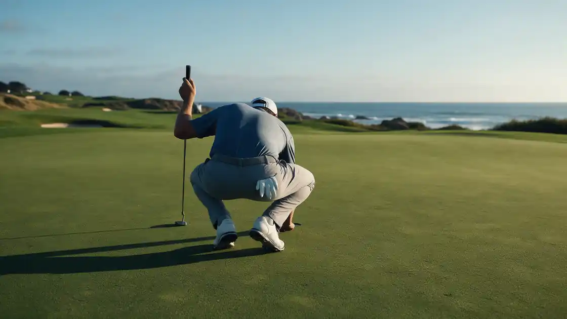 A golfer crouching to read a putt on a green by the sea