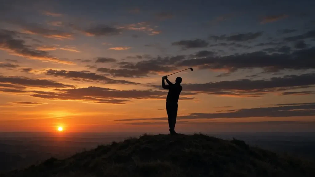 A golfer practising alone at dusk
