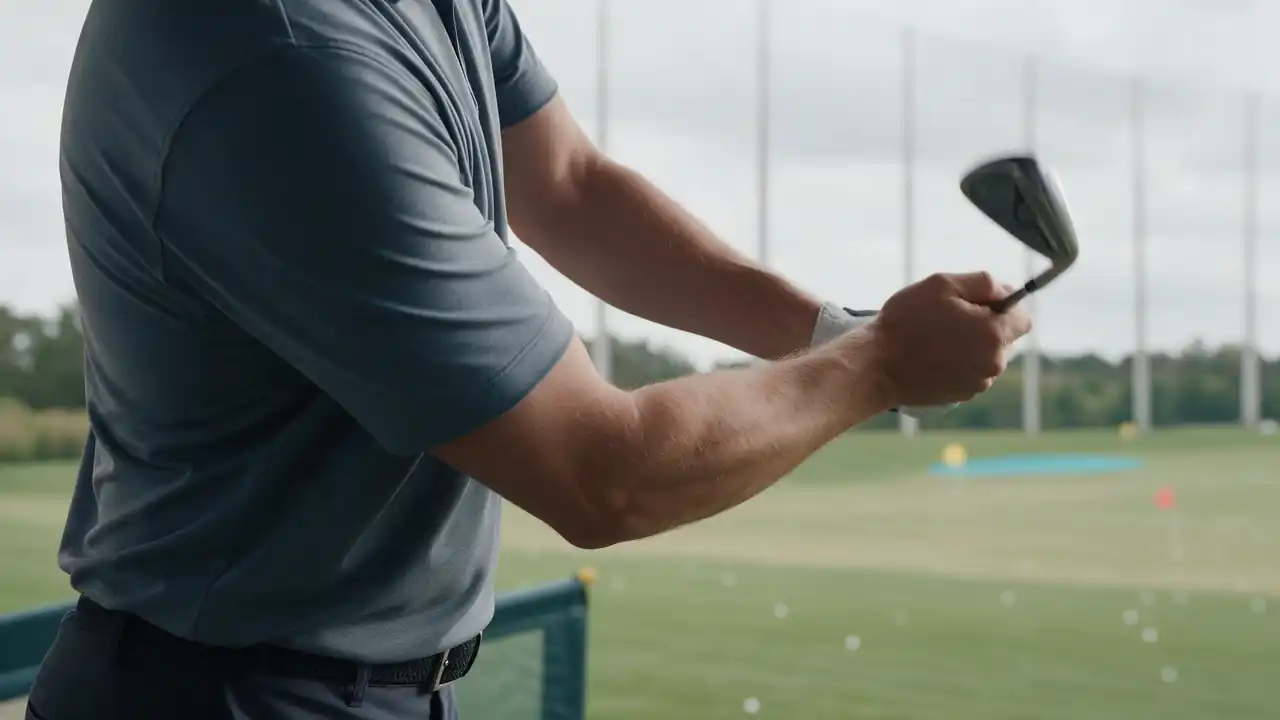 A golfer's arms and hands swinging an iron back slowly on the range