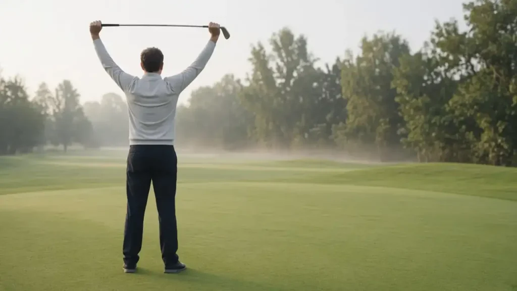 A golfer practising alone at dusk