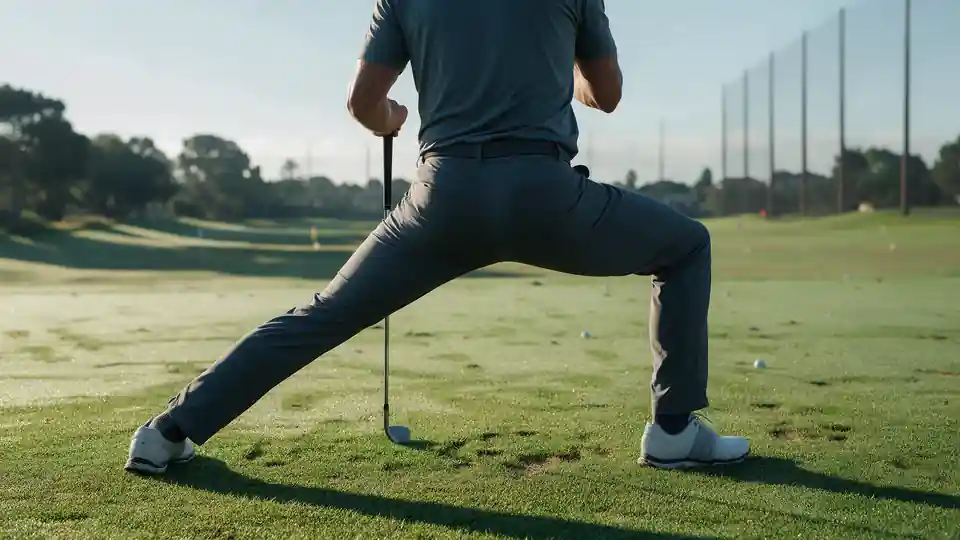 A golfer doing a hip stretch using a club for balance