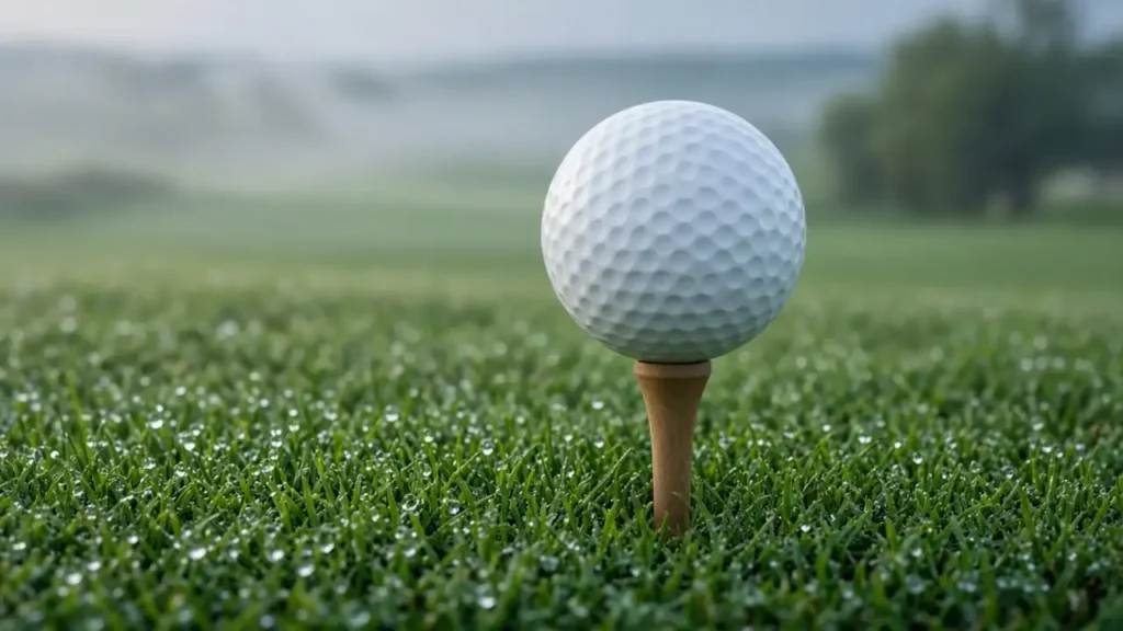 A golf ball on a misty tee