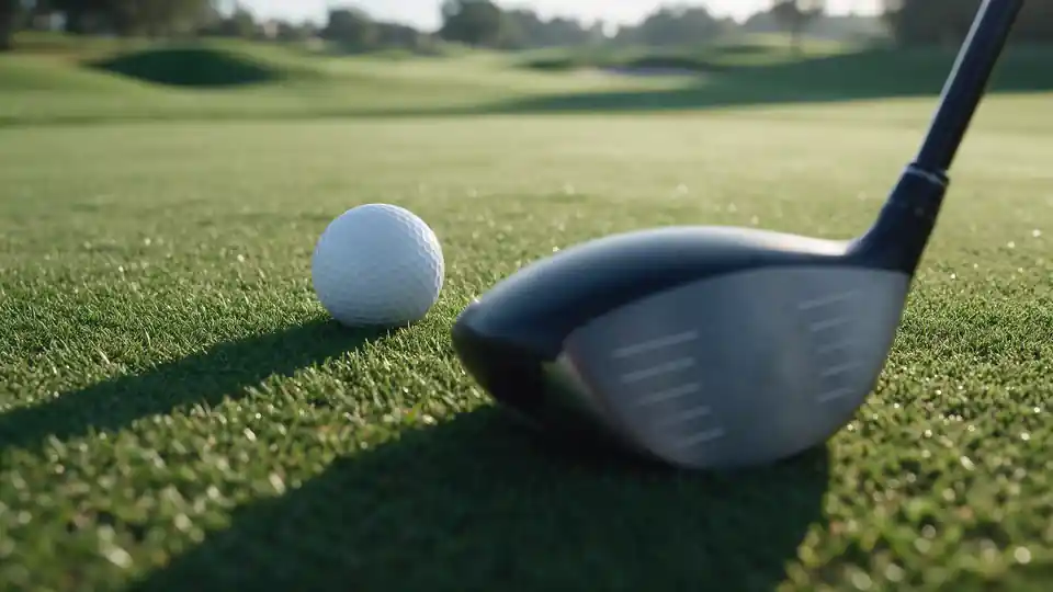 A golf ball resting on the fairway beside the head of a driver