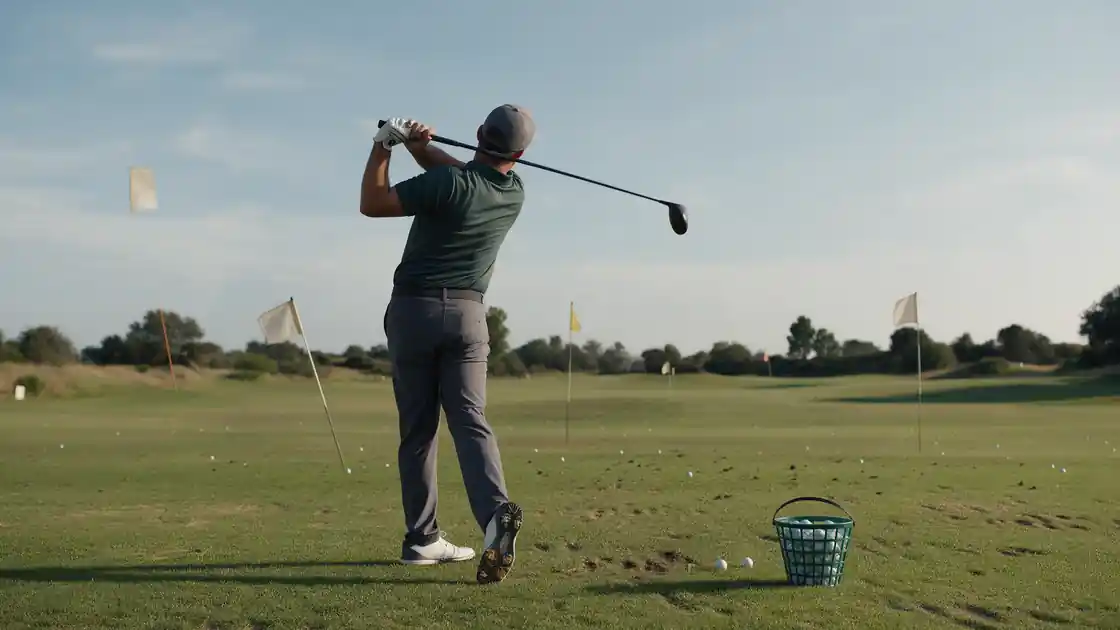 A golfer hitting balls on a grass range towards target flags