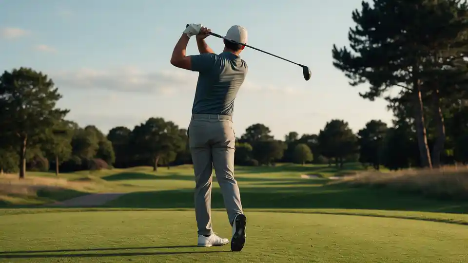 A golfer seen from behind at the top of the backswing