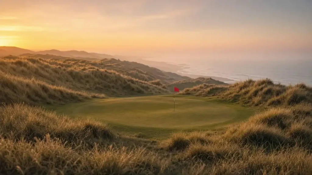 A flag on a quiet green at sunset
