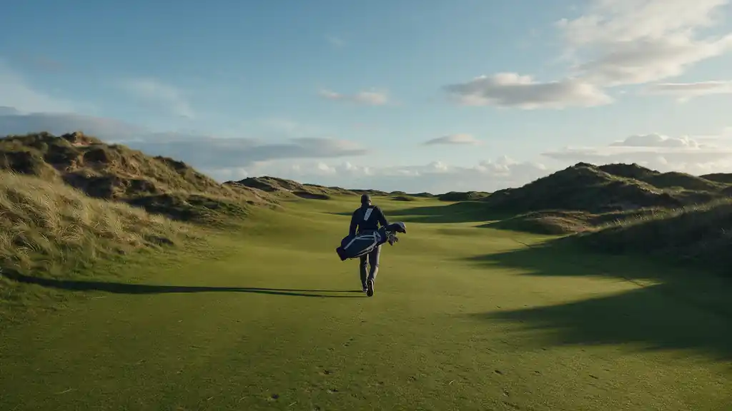 A golfer carrying a bag down a links fairway between sand dunes