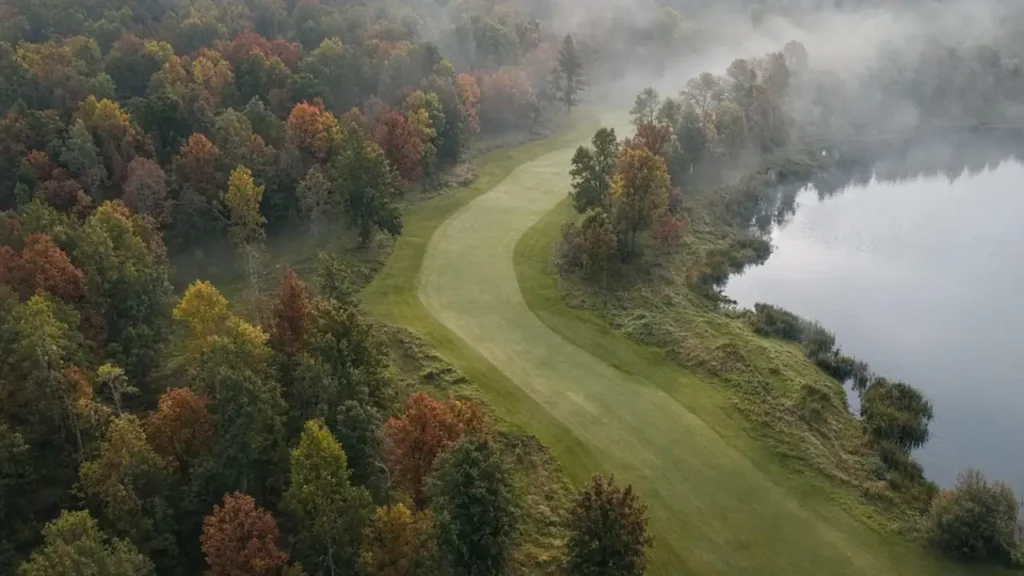 A golfer on a fairway at dusk