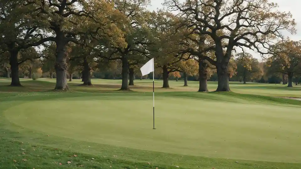 A flagstick on a green surrounded by autumn trees