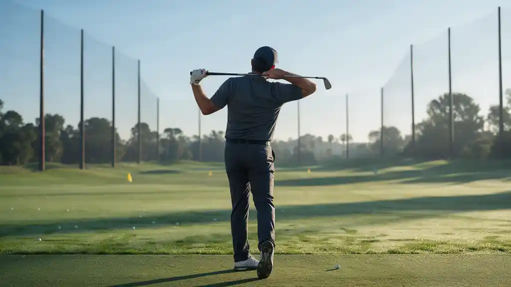 A golfer seen from behind turning to the top of the backswing on the range