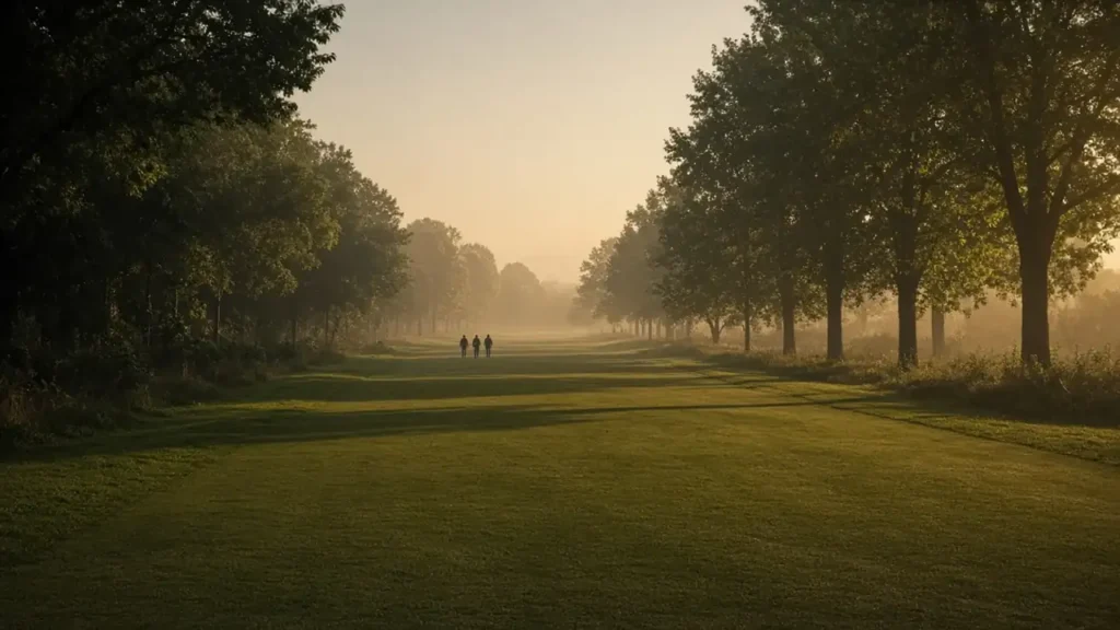 A golfer on a fairway at dusk