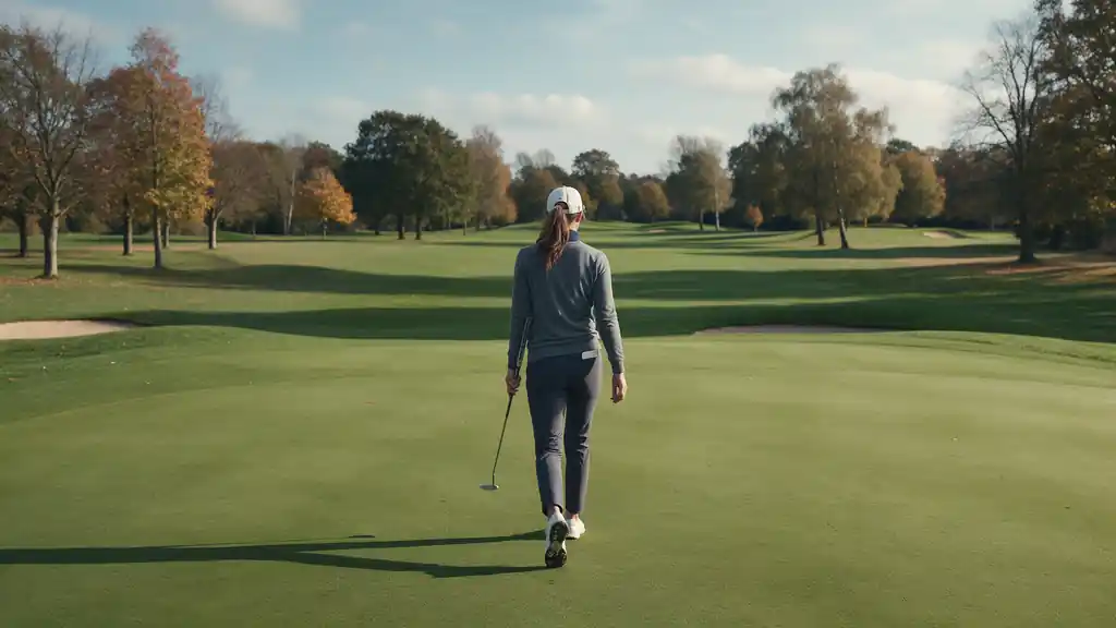 A golfer walking across a green carrying a putter, seen from behind
