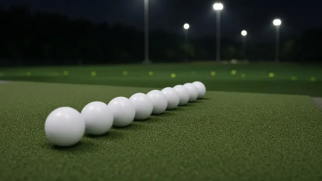 Golf balls on a practice mat