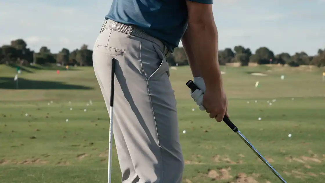 A golfer's hips at address next to an upright alignment stick