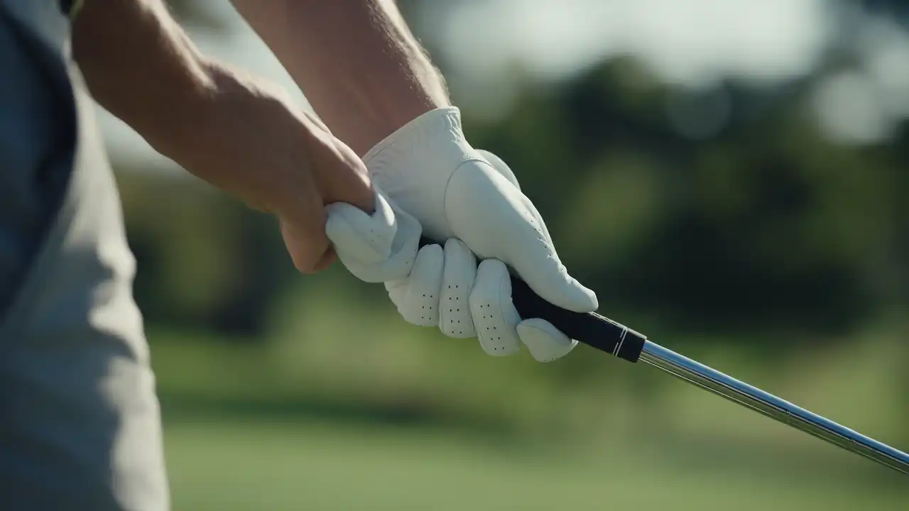 A golfer's gloved hands taking their grip on an iron